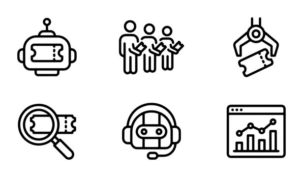 Set of 6 Line Icons: AI Robot, Team, Claw Machine, Magnifying Glass, Support Bot, Analytics Chart
