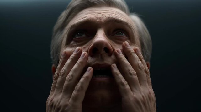 Middle-aged white man touches face in dark setting, conveying shock, distress, realization, internal struggle, vulnerability, and deep psychological impact