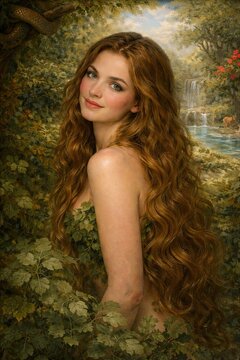 Portrait of a young woman with luxurious auburn hair among green garden foliage with a waterfall in a classic Renaissance painting style