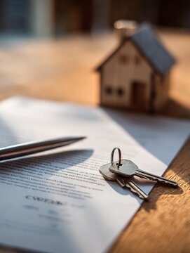 House keys and a pen lying on a real estate contract with a small house model on a wooden table in warm light