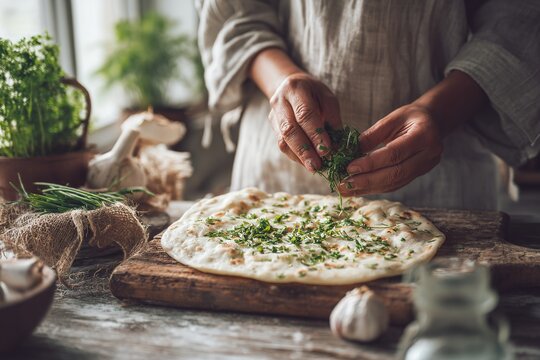 Female hands sprinkling fresh herbs on dough on a wooden board next to garlic and mushrooms in a cozy rustic kitchen with plants