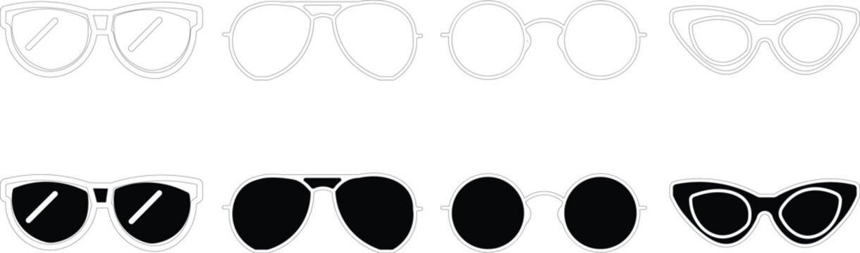 Sunglasses technical illustration set front and outline views