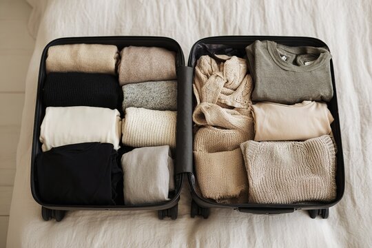 Neatly folded clothes in an open black suitcase on a white bed as an organized packing for travel in neutral tones