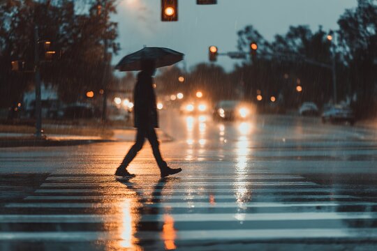 Silhouette of a person with an umbrella crossing a wet street in the rain at night against bright car lights and traffic signals