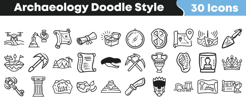 Set of hand drawn archaeology doodle icons for historical research projects