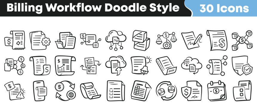 Set of hand drawn billing workflow icons in doodle style