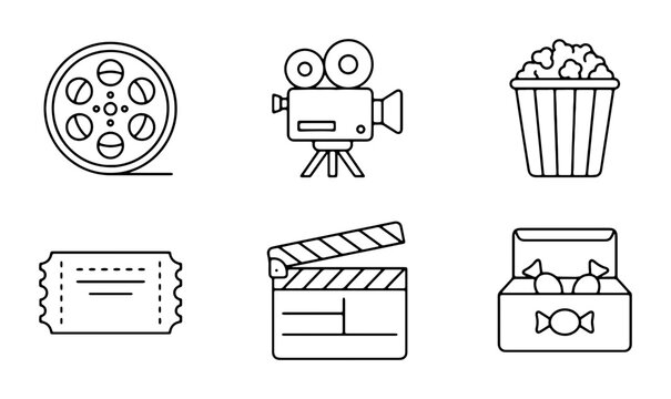 Cinema Icons Set, Film Reel, Camera, Popcorn, Ticket, Clapperboard, Candy Box, Vector Graphics