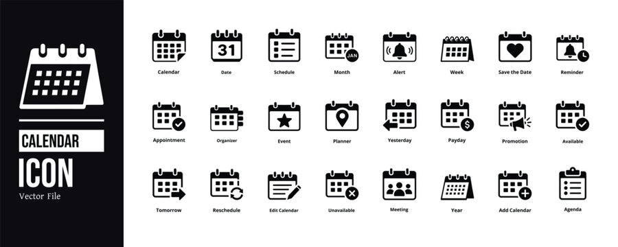 Premium Calendar Icons Set &ndash; Solid Glyph Scheduler, Event and Planner Vector Collection
