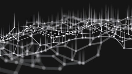 Abstract hexagonal background with honeycomb patterns featuring white spherical nodes and connecting lines forming a geometric mesh on a black surface. Depth-of-field blur adds visual depth, making it © Sergio Klambiatti