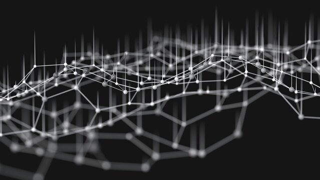 Abstract hexagonal background with honeycomb patterns featuring white spherical nodes and connecting lines forming a geometric mesh on a black surface. Depth-of-field blur adds visual depth, making it