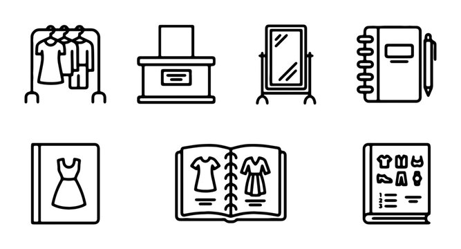 Fashion Retail Icons Set: Clothing Rack, Display, Mirror, Notebook, Catalog, Dress Book