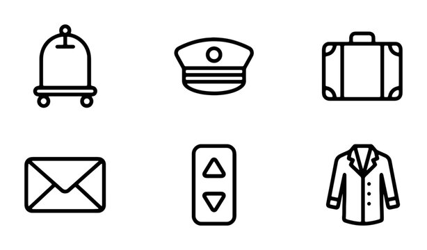 Hotel Service Icons: Bellhop Cart, Uniform Cap, Luggage, Mail, Elevator, Uniform Jacket