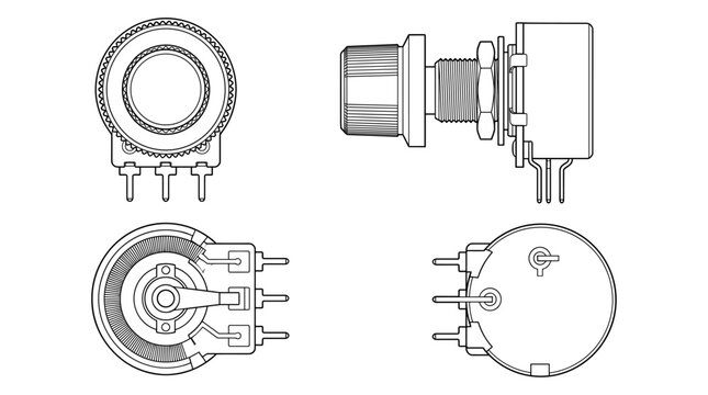 Variable resistor electronic component technical drawing blueprint with front side back and top views CAD line art vector illustration