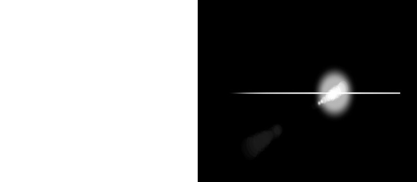 Cinematic white lens flare on black background, bright anamorphic light streak, glowing optical sunburst effect for photo overlays