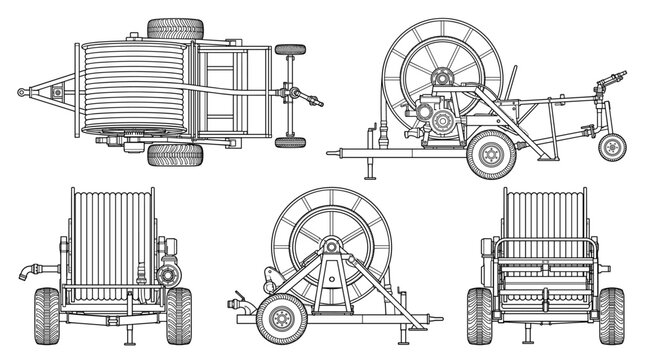 Hose reel irrigator agricultural system technical drawing blueprint with front side back and top views CAD line art vector illustration