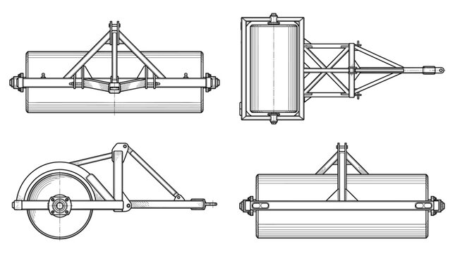 Land roller agricultural machine technical drawing blueprint with front side back and top views CAD line art vector illustration