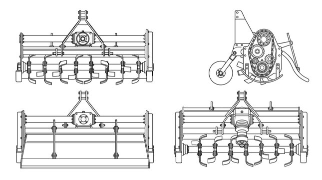 Rotavator agricultural machine technical drawing blueprint with front side back and top views CAD line art vector illustration