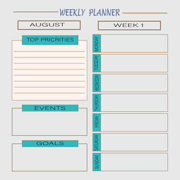 Weekly planner template for August week one with top priorities events goals and daily schedule layout