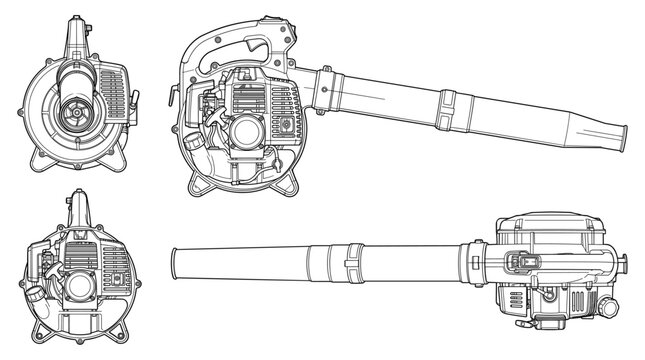 Leaf blower gardening equipment technical drawing blueprint with front side back and top views CAD line art vector illustration