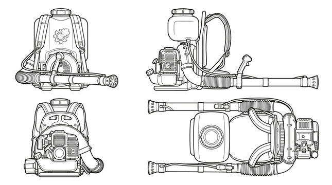 Knapsack duster agricultural equipment technical drawing blueprint with front side back and top views CAD line art vector illustration