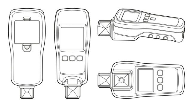 Brix meter industrial instrument technical drawing blueprint with front side back and top views CAD line art vector illustration