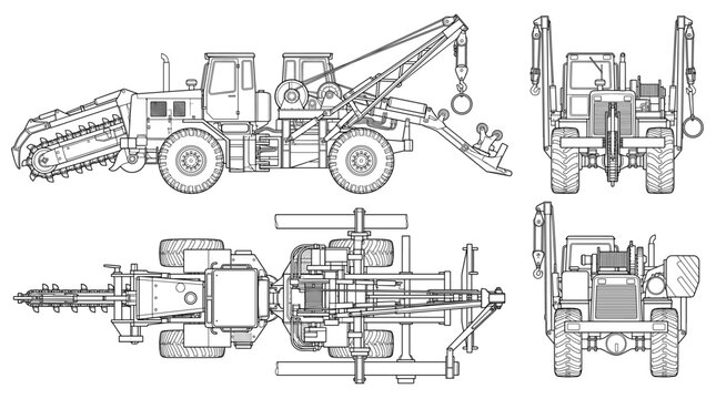 Pipe layer construction vehicle technical drawing blueprint with front side back and top views CAD line art vector illustration