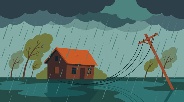 Natural Disaster: House and Power Lines Damaged by Severe Storm, Rain, Flood