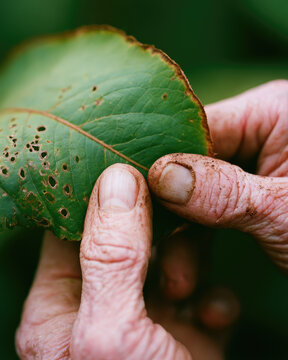Weathered hand inspecting damaged leaf close up macro natural texture organic pest damage green leaf dirt garden agriculture plant care