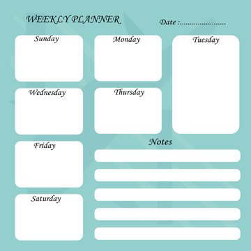Teal weekly planner template with rounded blank boxes for daily schedule and notes section