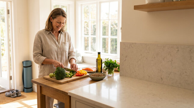 Midlife woman preparing hormone-supportive meal at home