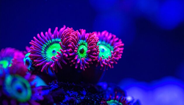 A macro shot of coral polyps feeding, neon colors under blue actinic lighting.
