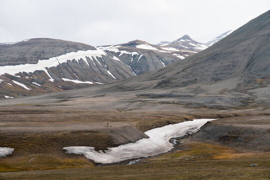 View of a vast arctic valley with a lone person standing on a ridge overlooking a snow-filled stream bed and barren mountains under an overcast sky in Svalbard and Jan Mayen.