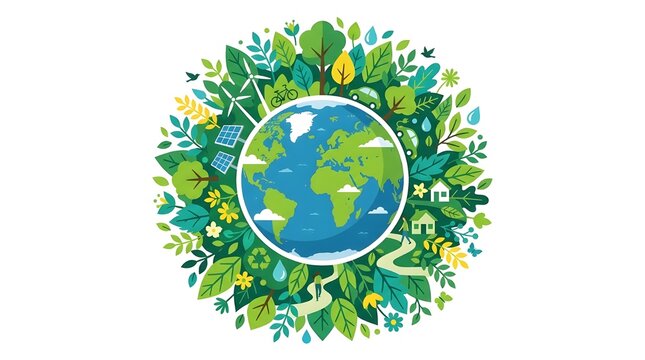 Circular vector illustration of planet earth surrounded by dense green leaves, trees, solar energy, wind turbines, eco cars, and people walking on paths.