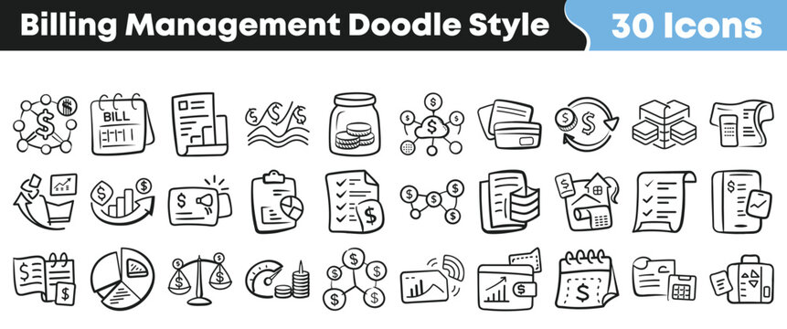 Set of hand drawn billing management icons for financial business projects