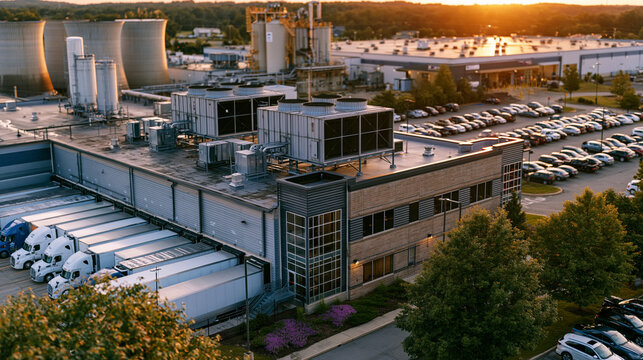 Aerial establishing view of food processing campus during summer peak production season, refrigerated truck fleet staged at receiving docks, raw material silos and utility cooling towers visible fro