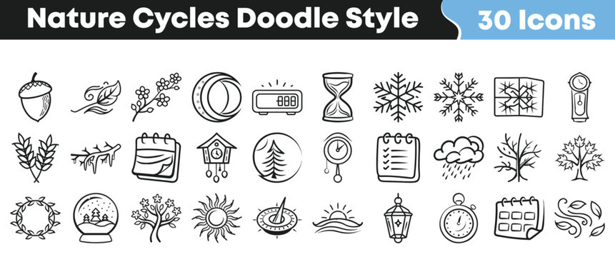 Set of hand drawn doodle icons representing various nature cycles