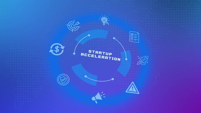Startup acceleration concept graphic with rocket launch icon inside a neon circular futuristic technology interface background.
