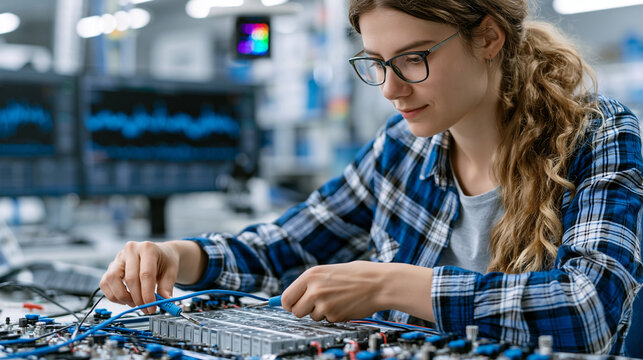EV battery module testing engineer connecting impedance analyzer leads to prismatic cell stack on lab bench, oscilloscope waveforms visible on monitor, thermal imaging camera positioned overhead cap