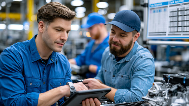 Factory floor ergonomics assessment specialist observing assembly worker repetitive task cycle at automotive component station, wrist angle goniometer and video analysis tablet in hand, task rotatio