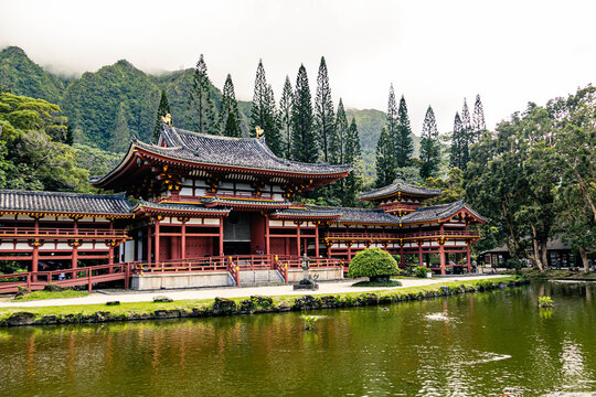 Traditional Japanese Temple by a Mountain Lake