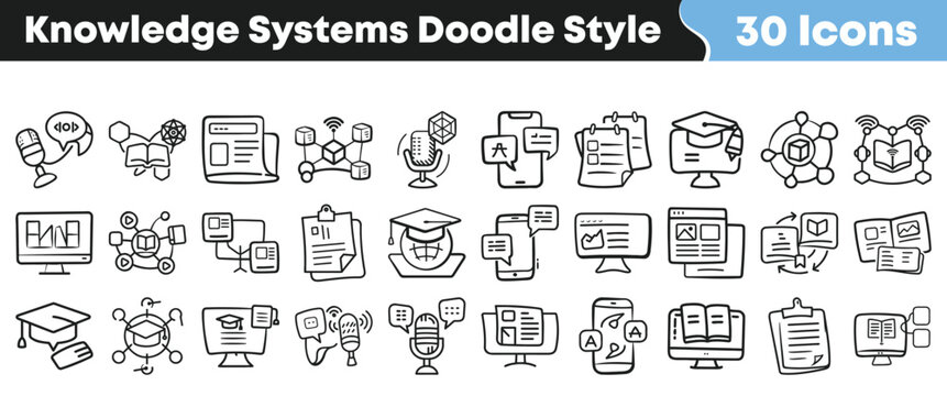Set of hand drawn doodle icons representing diverse knowledge systems