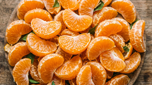 Freshly Peeled Mandarin Orange Segments Arranged on a Rustic Wooden Surface