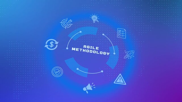 Agile methodology process loop illustration with abstract neon circular interface and icons for software development management.