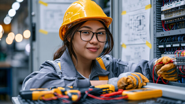 Female electrical engineer connecting bus bar assembly inside industrial control panel cabinet at manufacturing facility, insulated tools and voltage tester laid out on tool mat, technical wiring di