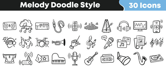 Set of thirty hand drawn musical icons in doodle style © Vectoravec