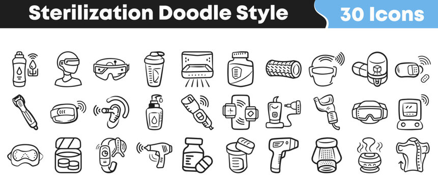 Collection of hand drawn doodle icons representing various sterilization equipment tools