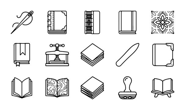 Bookbinding Tools & Supplies Vector Icons Set: Crafting, Stationery, Library & Publishing Elements