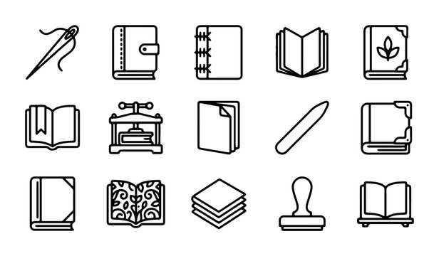 Bookbinding Icons Set, Craft Supplies Vector Graphics, Stationery Tools Collection