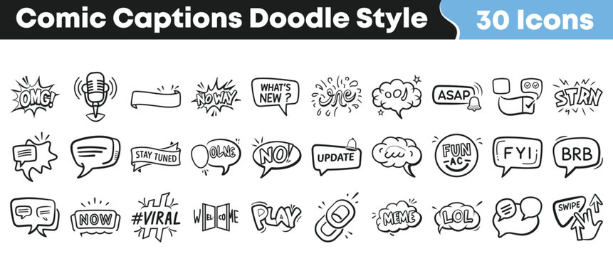 Hand drawn doodle style comic captions for social media design projects