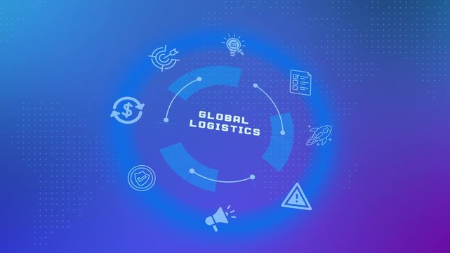Global logistics tracking and supply chain concept with tech circular Hud display and world map dot background.